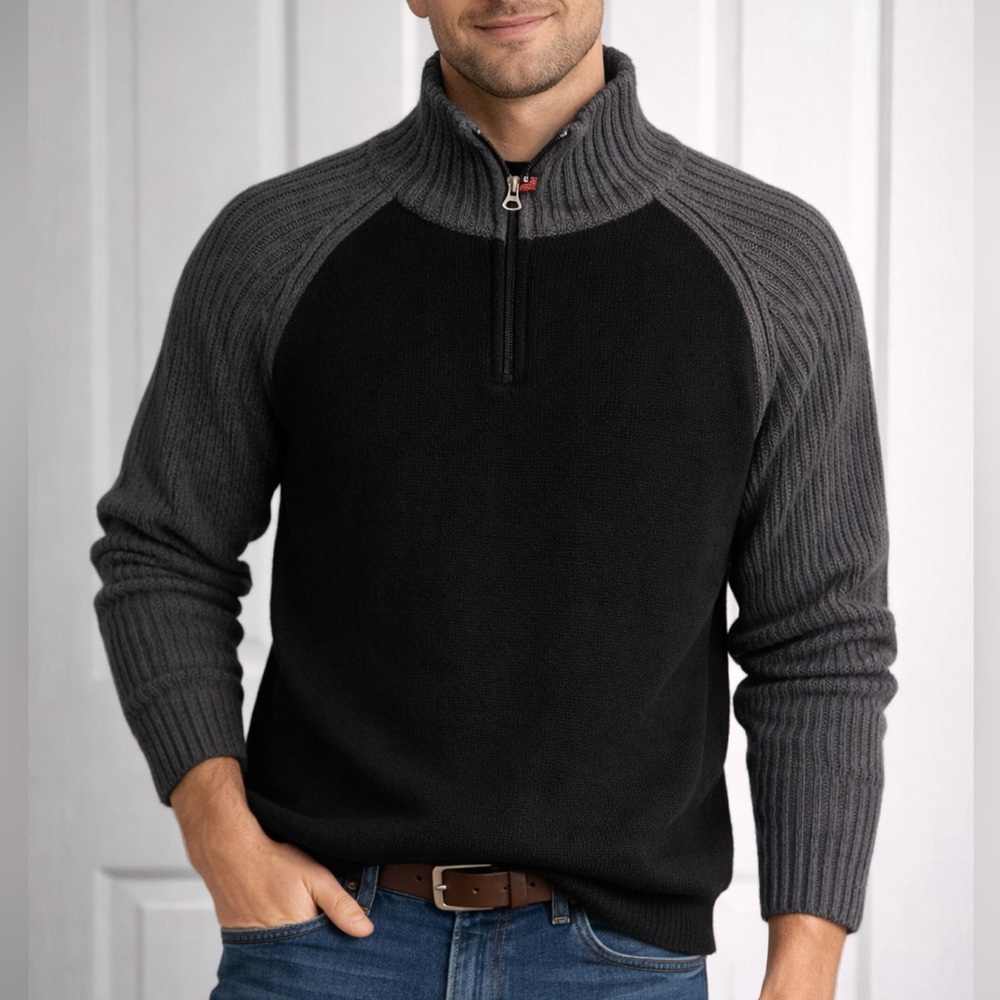 RALPH LAUREN Half Zip Ribbed Sweater Men’s Black Charcoal Cotton SIZE LARGE